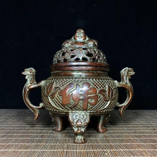 弥勒仏 仏光が広く照らす 双龍耳香炉 重厚 彫刻 置物