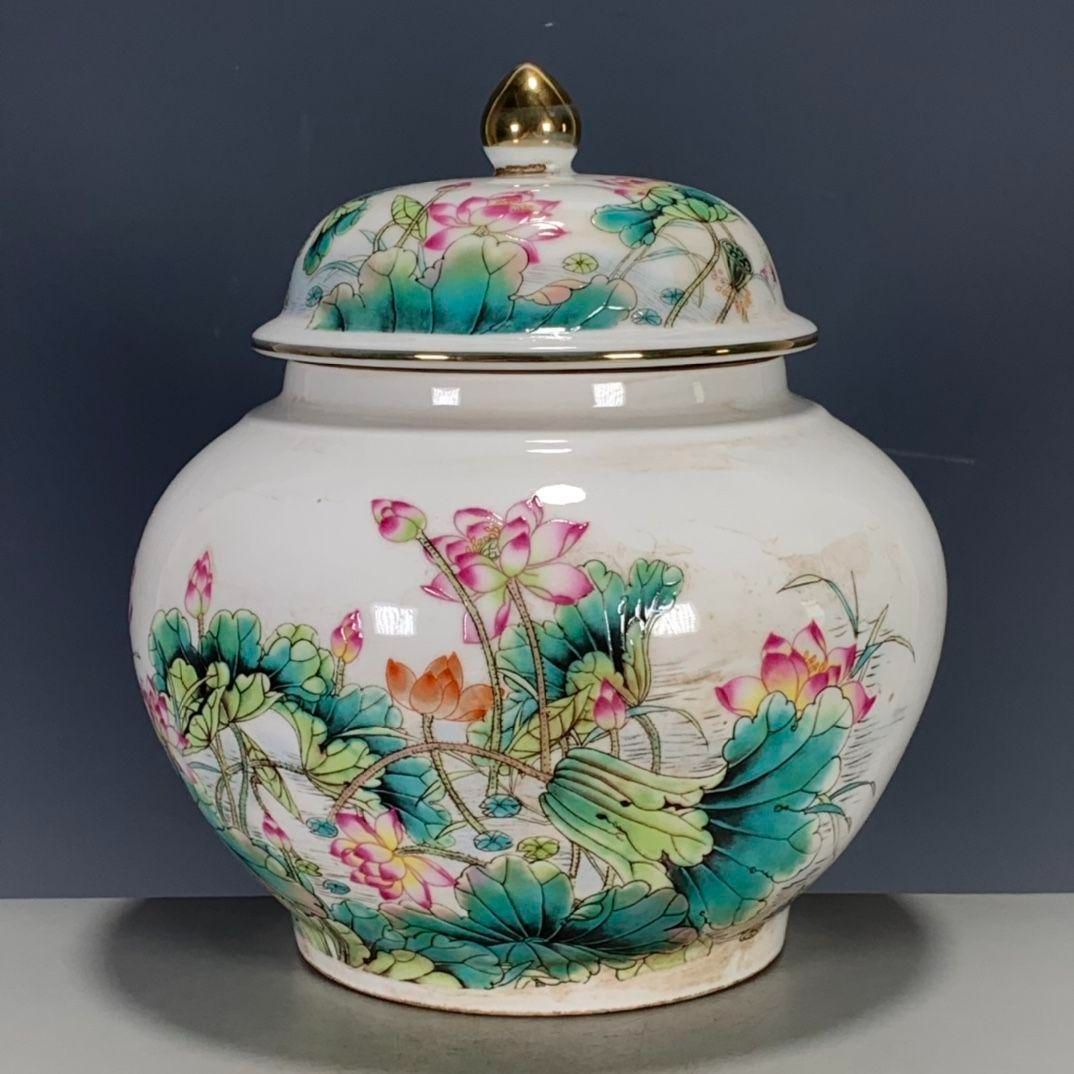 清乾隆粉彩蒔金蓮花蓋缶 景徳鎮 陶磁器 装飾品 工芸品 美術品 置物