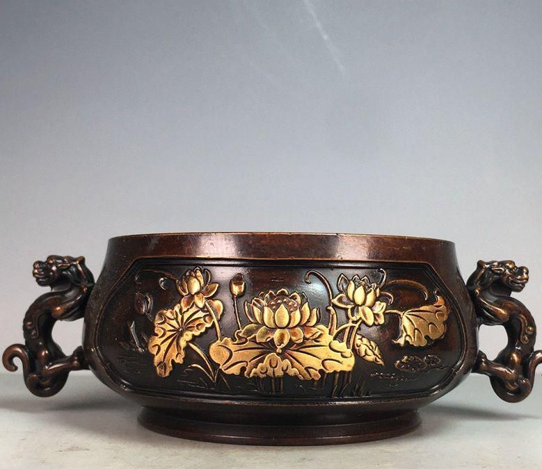 大明宣徳両両耳蓮葉蓮花香炉 銅香炉 香道具 仏具 工芸品美術品 置物 香