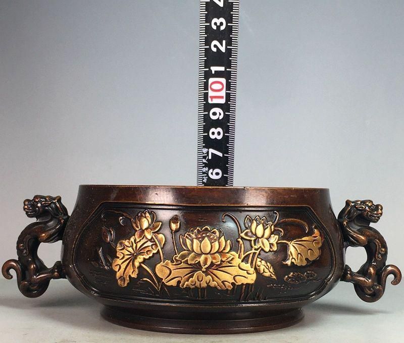 大明宣徳両両耳蓮葉蓮花香炉 銅香炉 香道具 仏具 工芸品美術品 置物 香