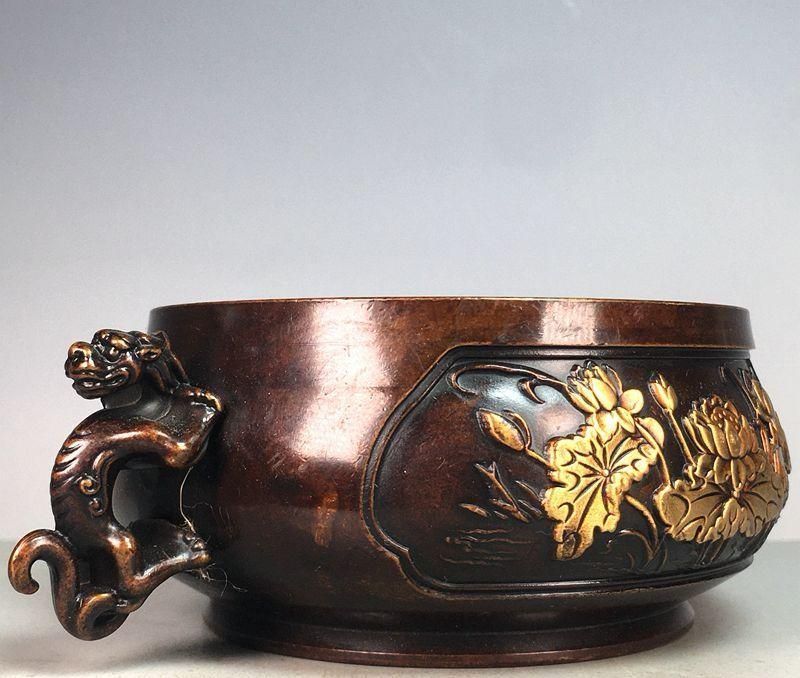 大明宣徳両両耳蓮葉蓮花香炉 銅香炉 香道具 仏具 工芸品美術品 置物 香