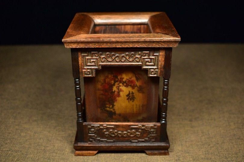 老紅酸枝木梅蘭竹菊筆筒 筆置き 筆入 古文房具 書道具 現代