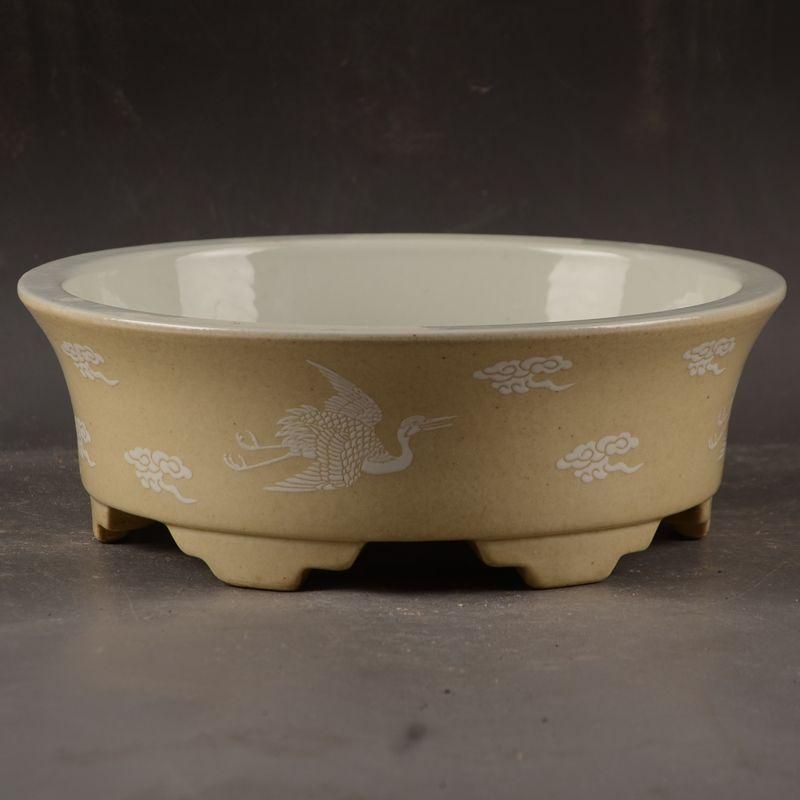 黄地に鶴紋 円形 筆洗い 水仙鉢 置物