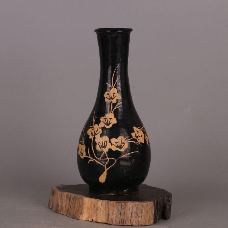 宋吉州窯黒釉彫花蒜頭瓶 景徳鎮 陶磁器 装飾品 置物