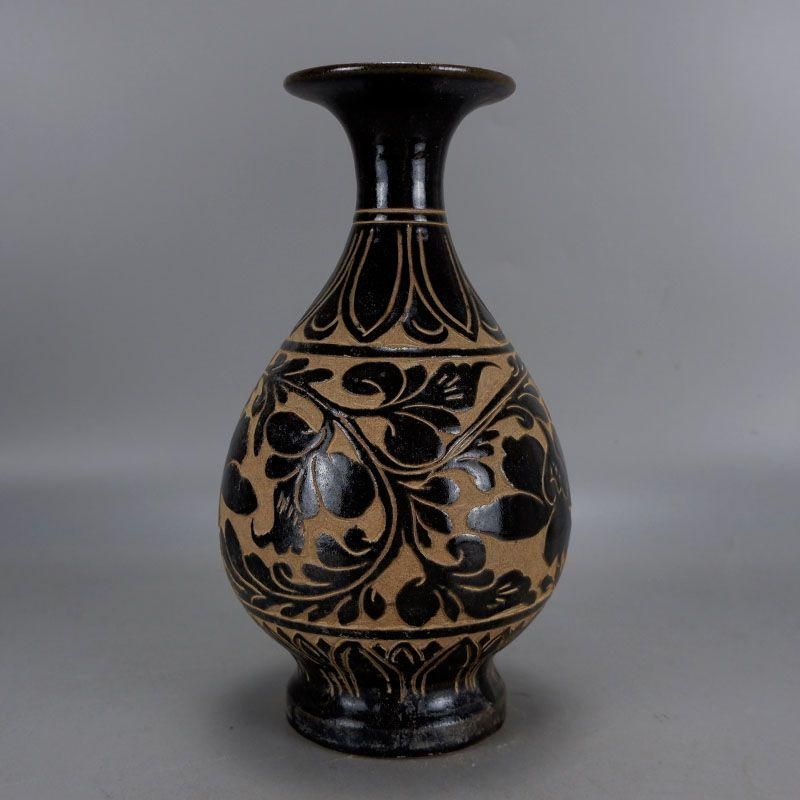 宋吉州窯黒釉彫花蒜頭瓶 景徳鎮 陶磁器 装飾品 工芸品 美術品 置物 宋