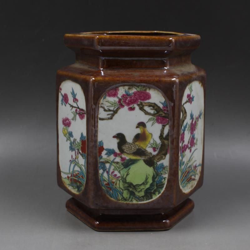 大清乾隆粉彩花鳥六方筆筒 景徳鎮 陶瓷器 書道具 文房具 工芸品 美術品