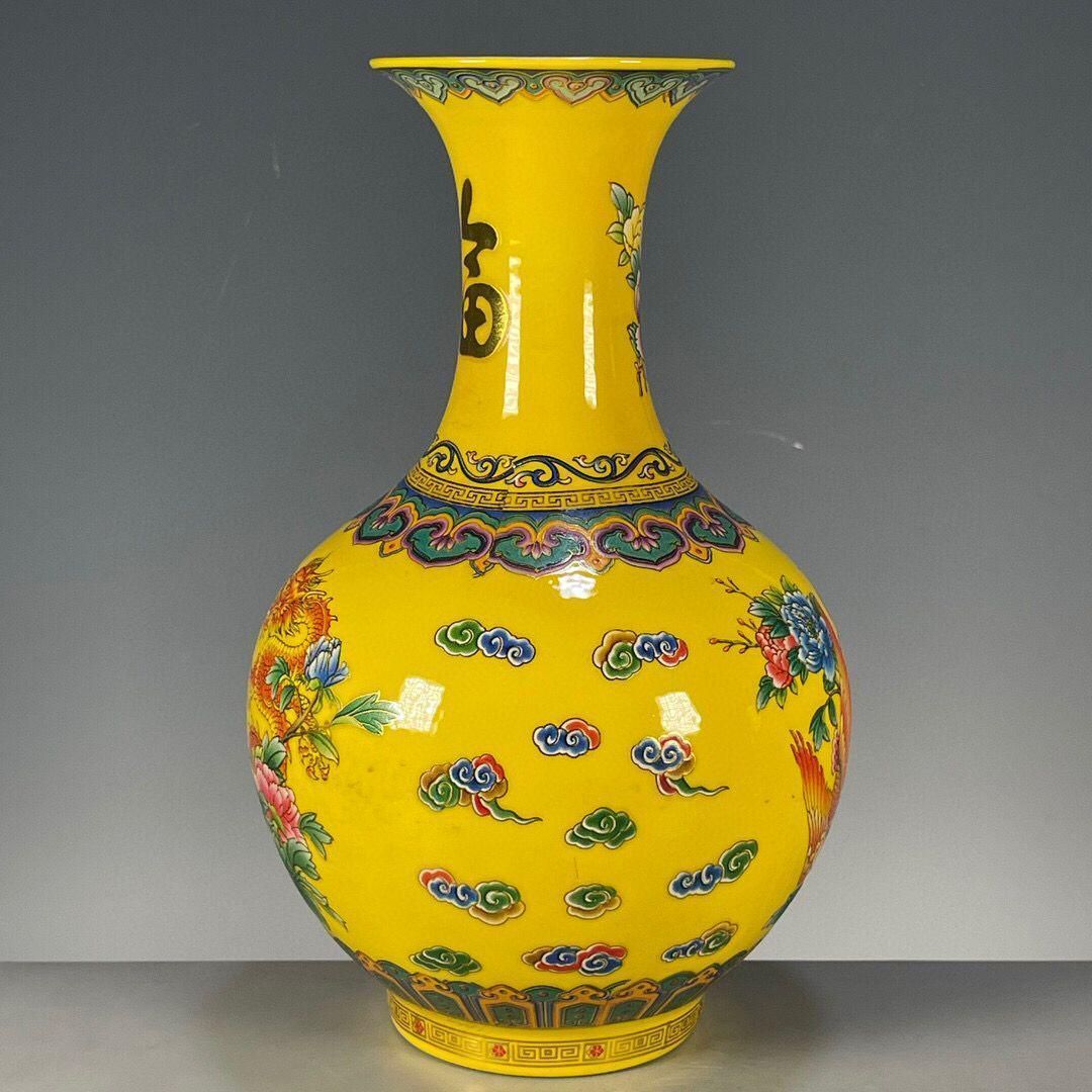 清乾隆帝黄地竜紋花瓶 景徳鎮 陶磁器 装飾品 現代工芸品 美術品 置物
