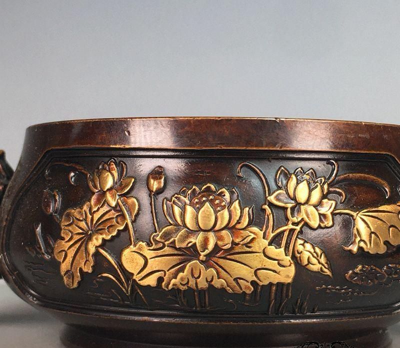 大明宣徳両両耳蓮葉蓮花香炉 銅香炉 香道具 仏具 工芸品美術品 置物 香