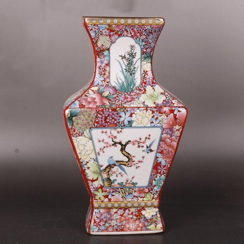 清乾隆蒔金琺瑯彩花鳥四方瓶 景徳鎮 陶磁器 装飾品 現代工芸品 美術品