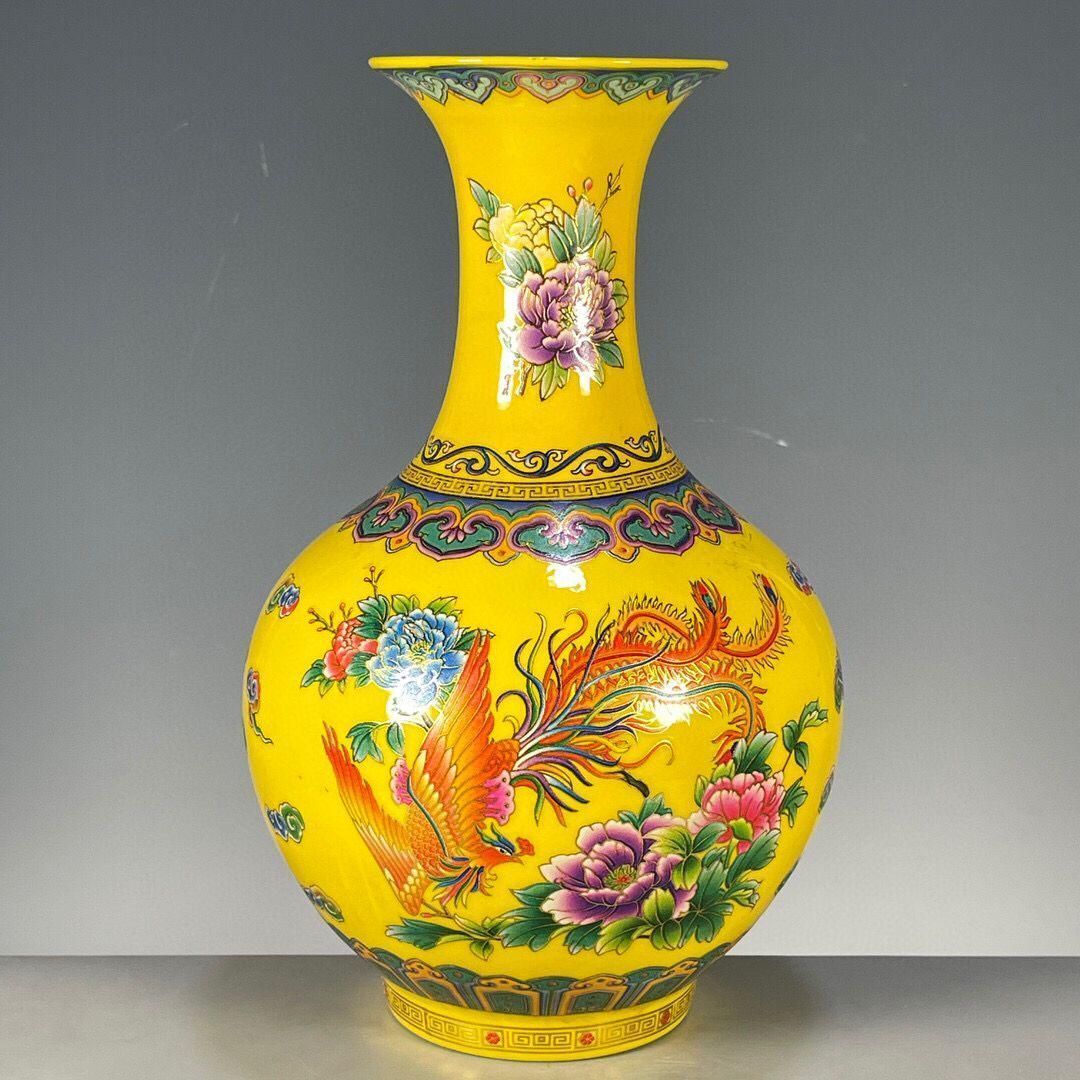 清乾隆帝黄地竜紋花瓶 景徳鎮 陶磁器 装飾品 現代工芸品 美術品 置物