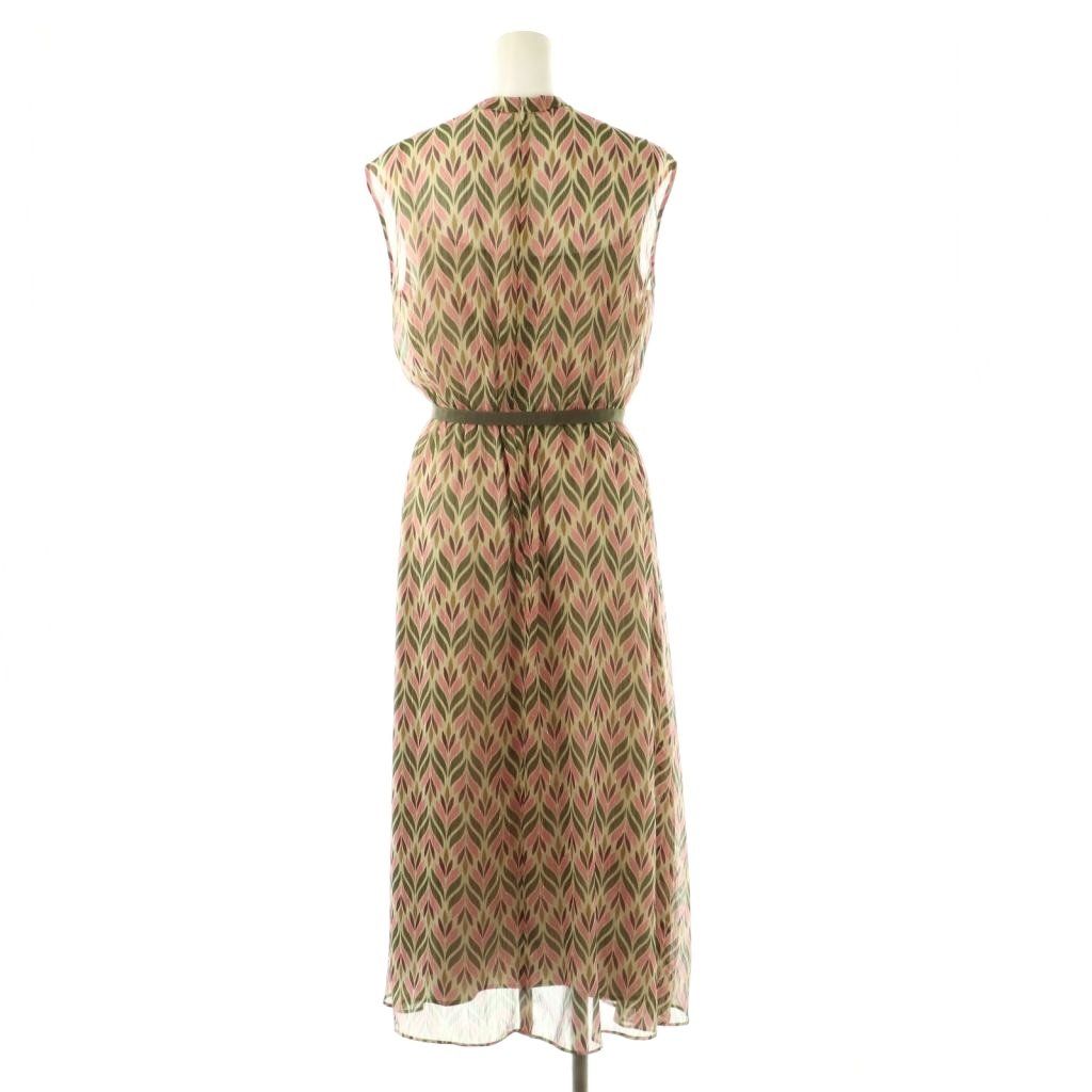 アナイ ANAYI リーフ楊柳幾何Vネックフ ワンピース ミモレ ロング ノースリーブ 36 ベージュ AT OS