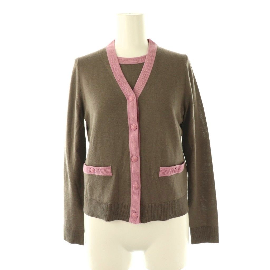 アナイ ANAYI アンサンブル スーパーメリノ配色クルーネック プルオーバー×スーパーメリノ配色Vネックカーディガン 36 ブラウン HK OS