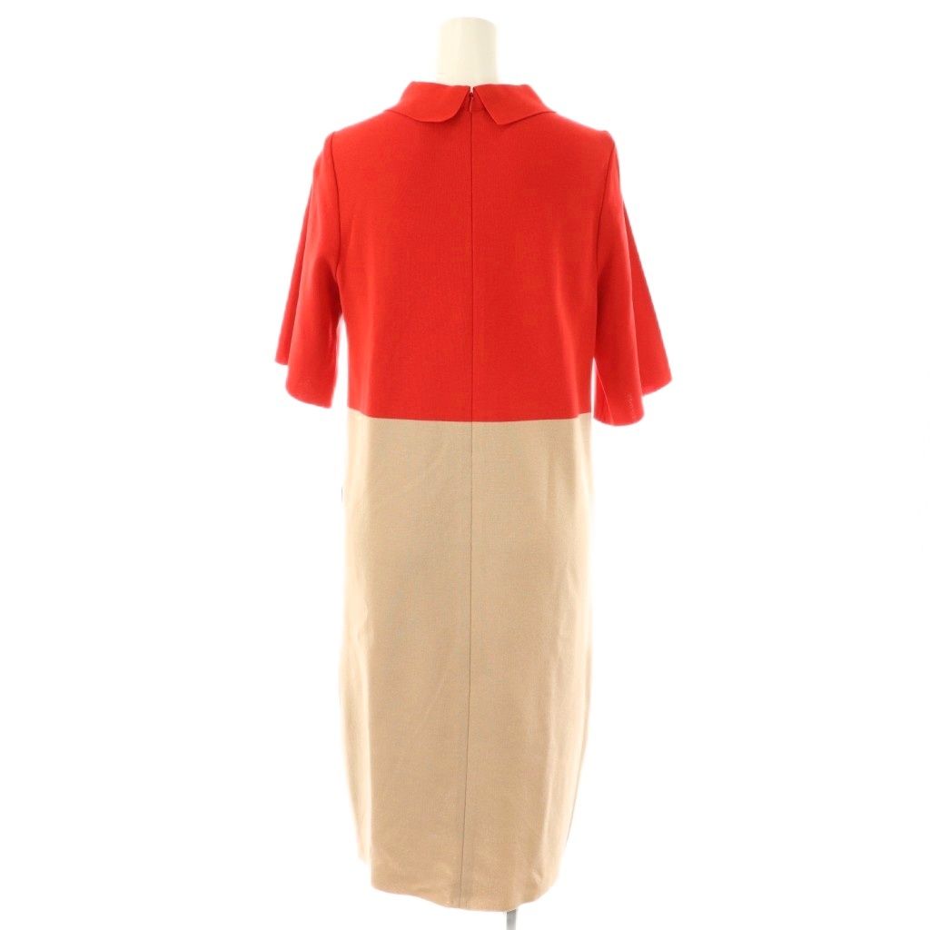 ランバン LANVIN ロゴ バイ ニットワンピース ミモレ ロング 五分袖 38 赤 レッド ベージュ AT OS