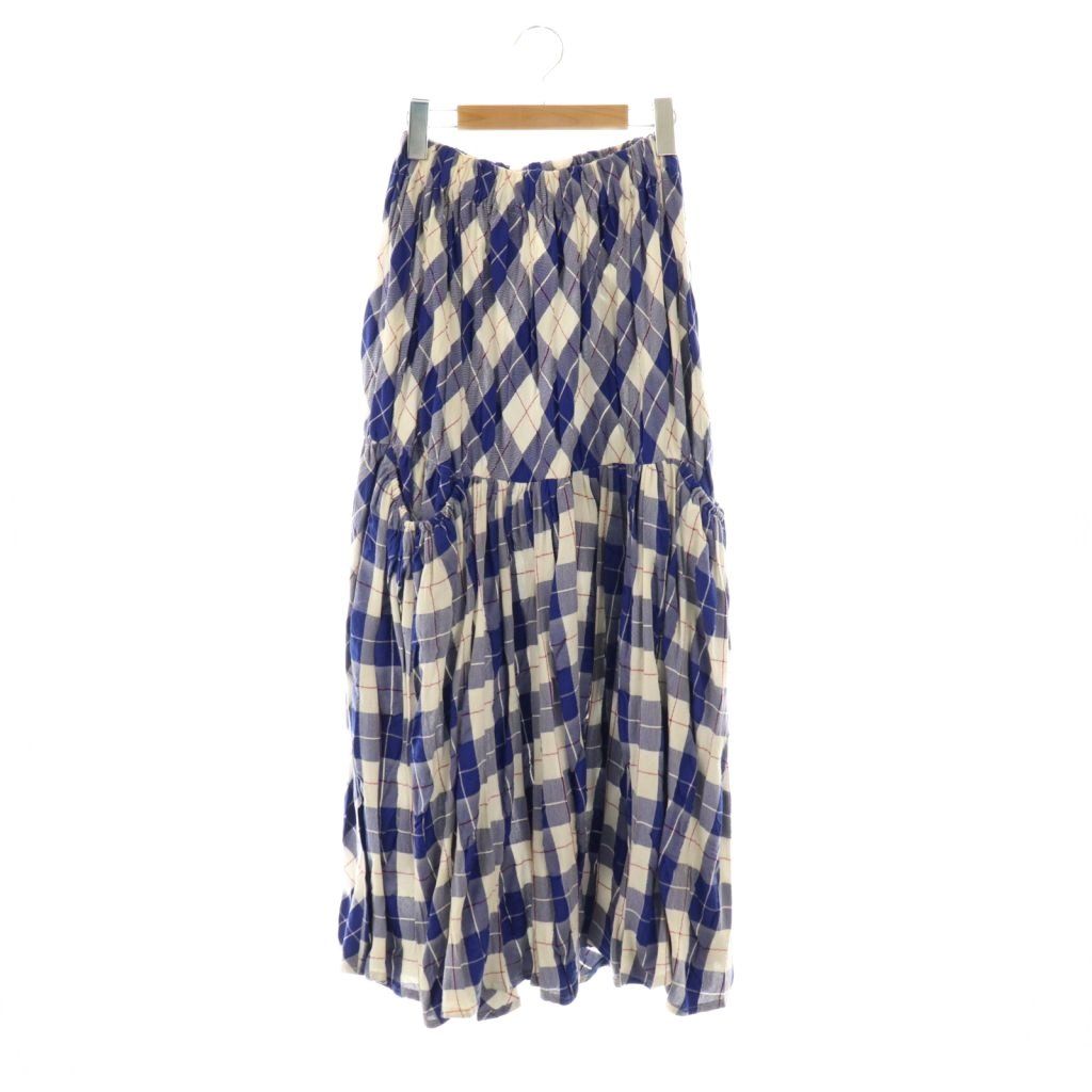 ワイズ Y's 総柄 フレアスカート マキシ ロング チェック 3 青 ブルー
