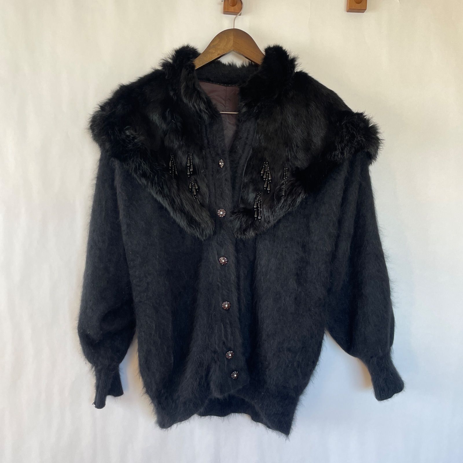 良 ヴィンテージ レディース アンゴラ ファージャケット ブラック ビジュー付
