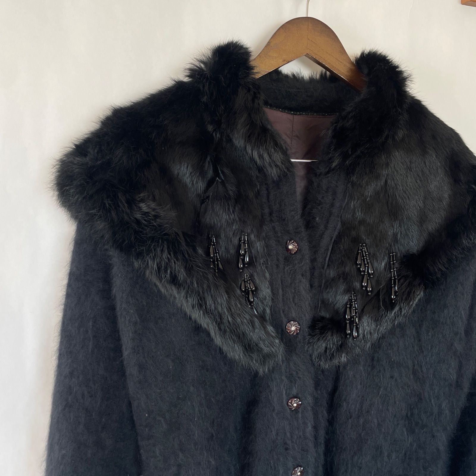 良 ヴィンテージ レディース アンゴラ ファージャケット ブラック ビジュー付