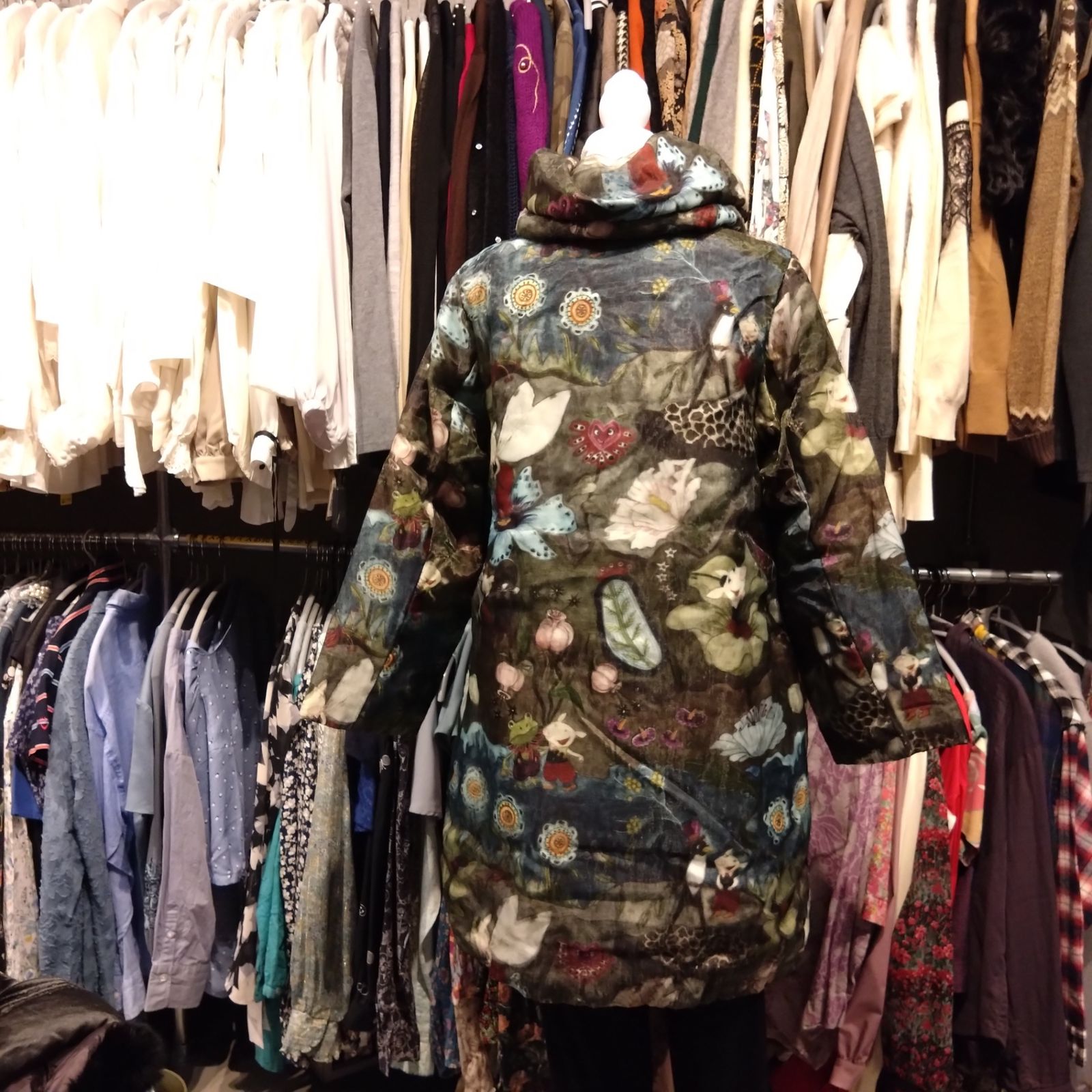 アルベロベロ OLLEBOREBLA オレボレブラ DOWN jacket ジャケット outer アウター ロング ぶたさん 植物 たくさんのどうぶつ コーデュロイ切替 シアーコーティング チュール ショール ダウンコート レディース