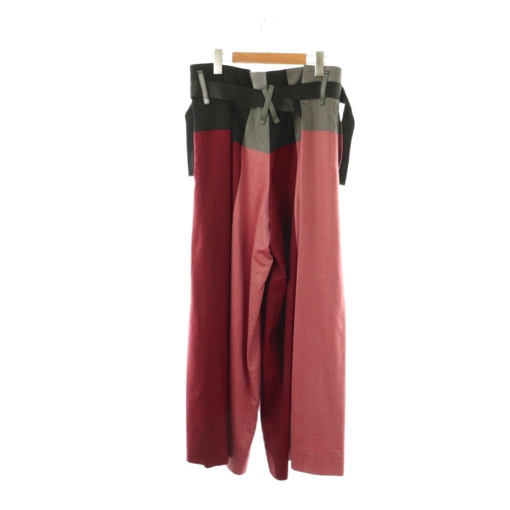 イッセイミヤケ ISSEY MIYAKE IM94FF501 配色ベルトパンツ ワイドパンツ 2 レッド ブラック グレー ES OS SH