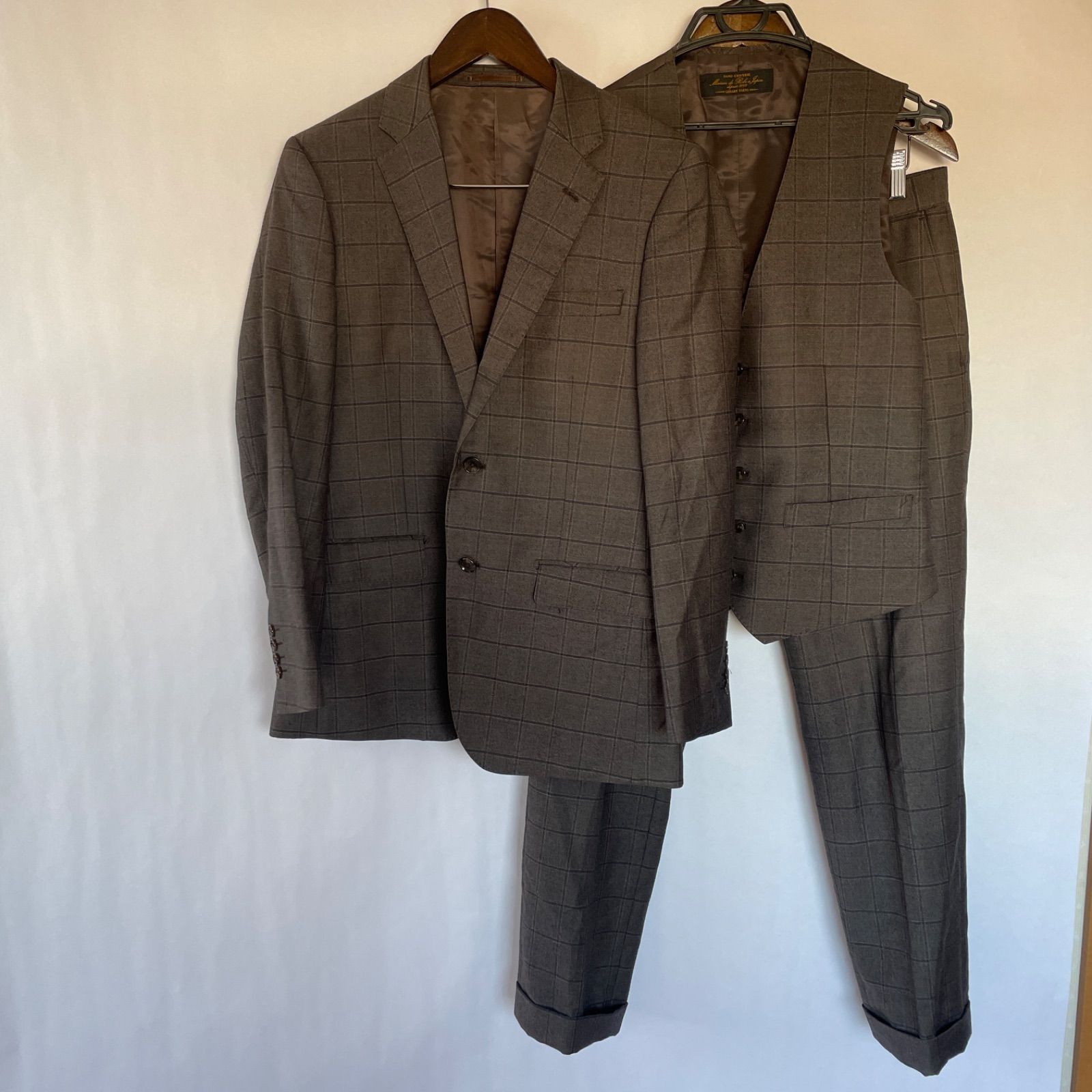 ナノユニバース ウィンドウペン ANGELICO メンズ スリーピース スーツ ウール セットアップ 48 ブラウン チェック 毛