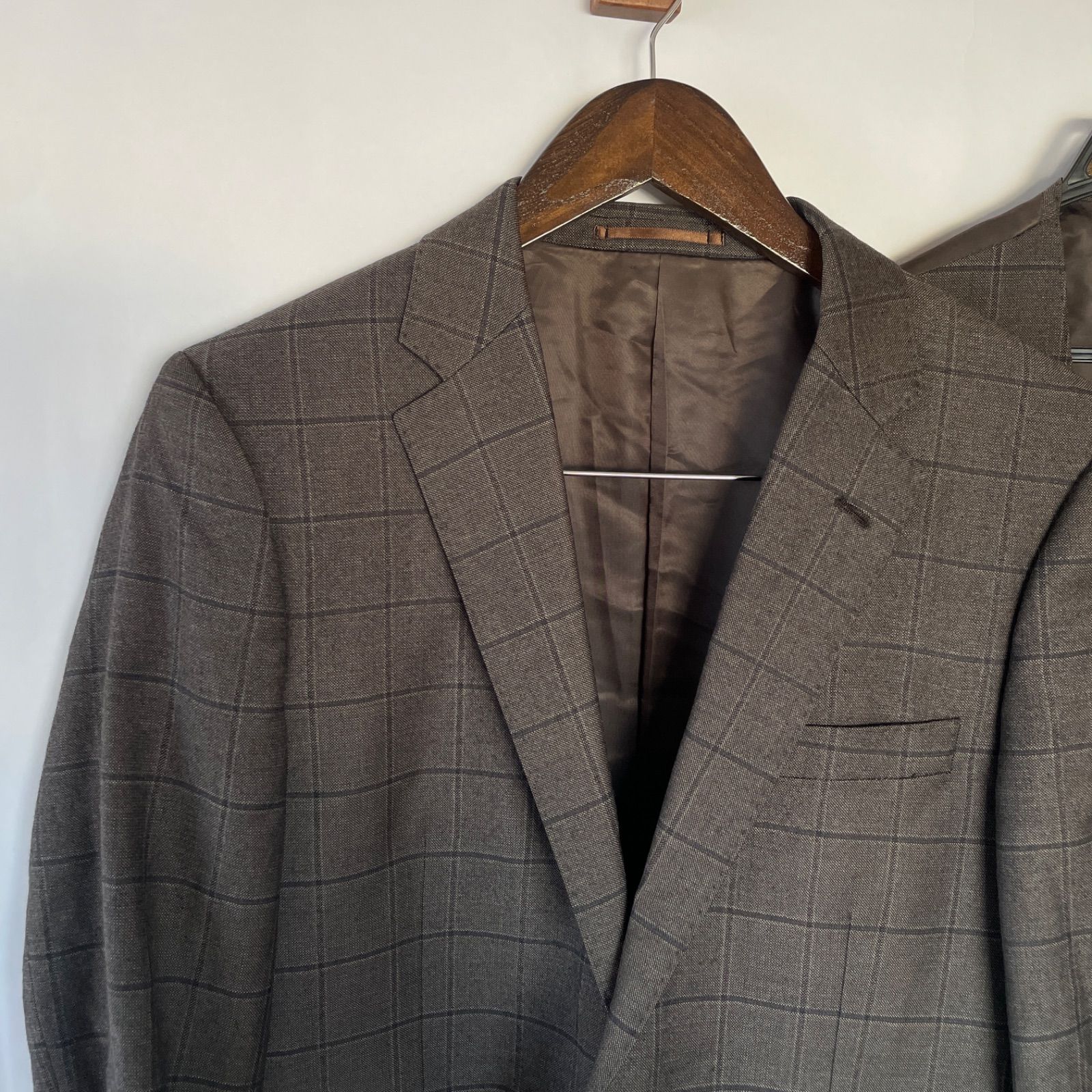 ナノユニバース ウィンドウペン ANGELICO メンズ スリーピース スーツ ウール セットアップ 48 ブラウン チェック 毛