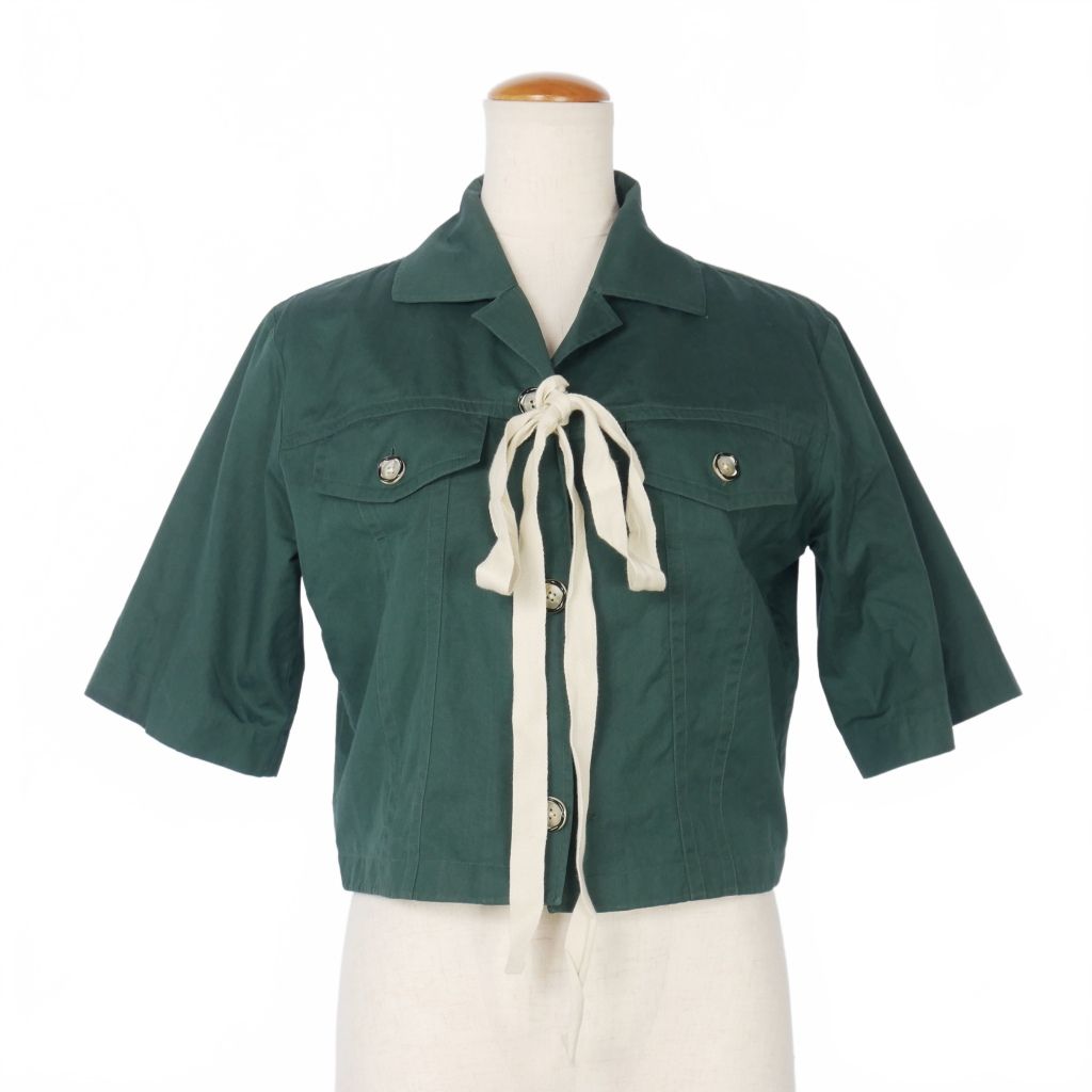 マルニ MARNI コットンポプリン オープン シャツ リボン付き 半袖 38 緑 グリーン