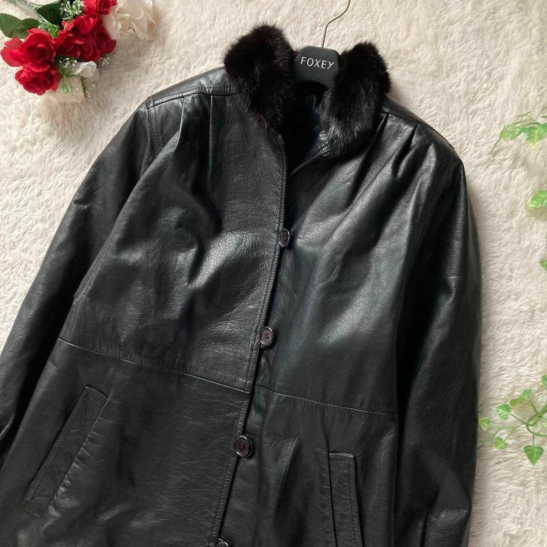 ヴィンテージ 中綿入りレザーコート ミンクファー 本革 牛革 カウレザー ブラック 黒 Mサイズ