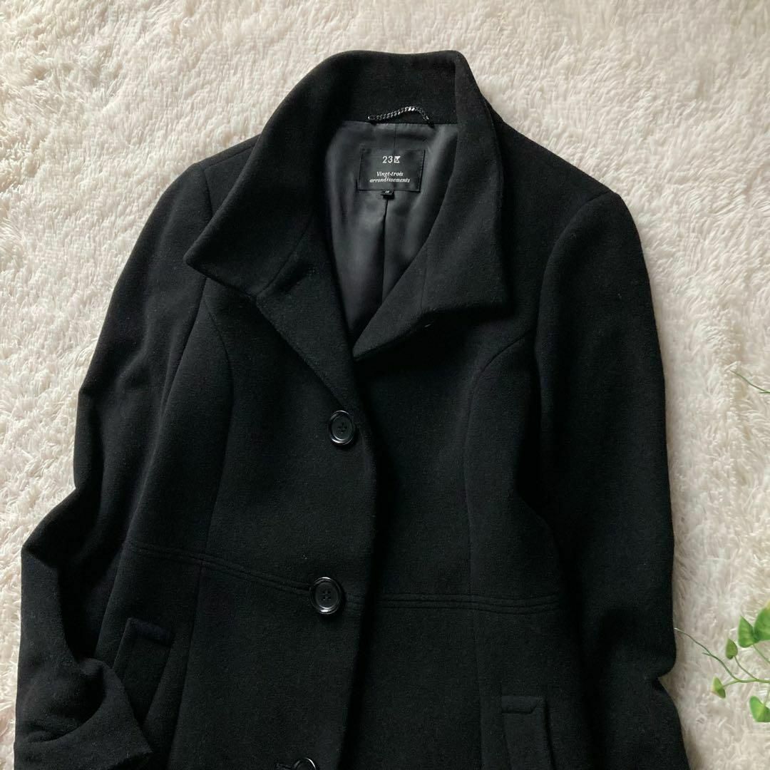 23区 羊毛カシミヤ スタンドカラーロングコート 美シルエット ブラック