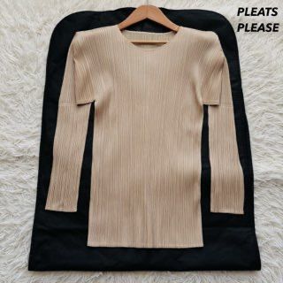 プリーツプリーズ カットソー プルオーバー トップス 長袖 クールネック イッセイミヤケ ベージュ L
