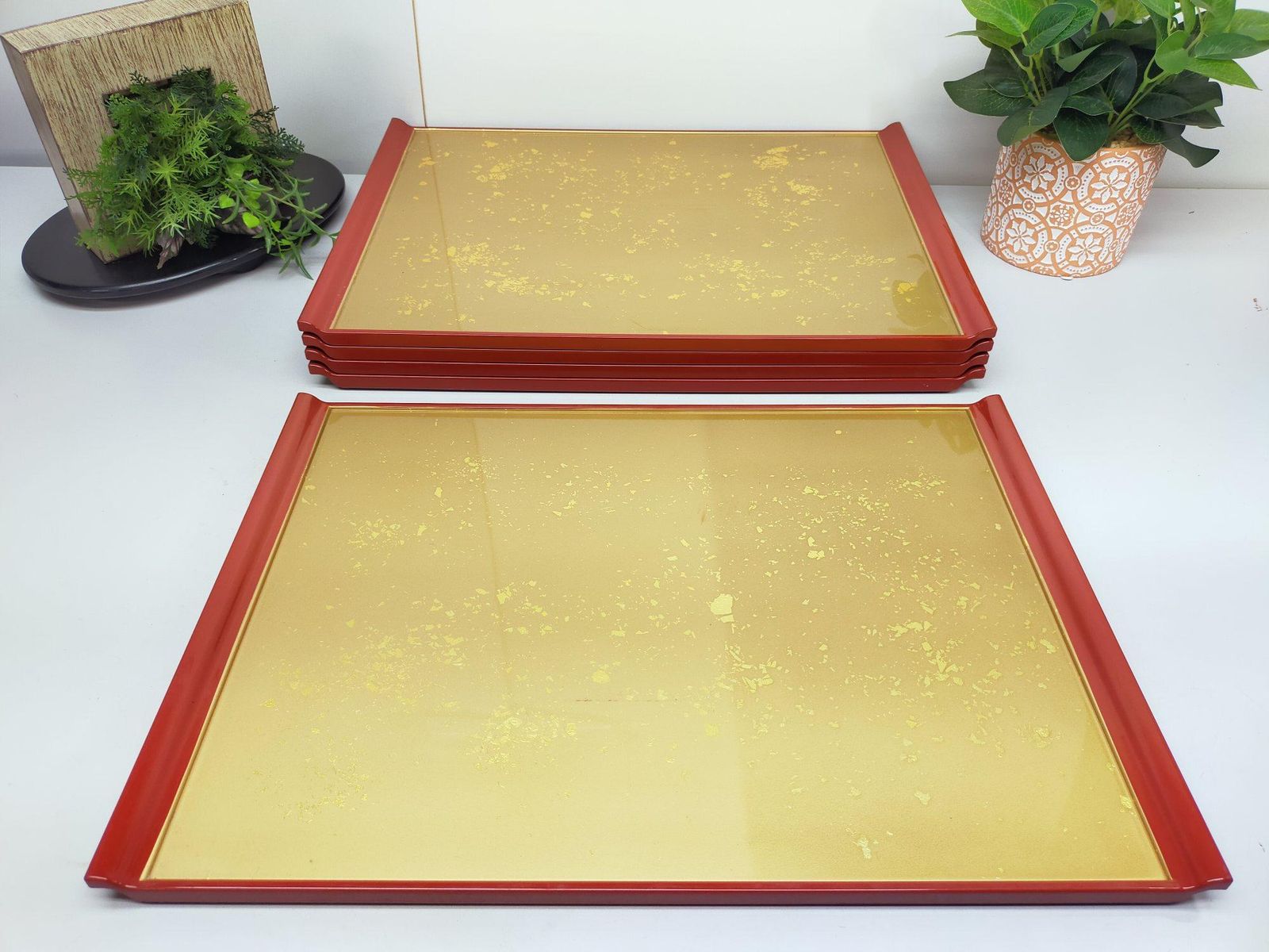 業務用 長手盆 セット トレー 幅52ｘ奥行37ｘ高2.3ｃｍ 色紙金箔渕朱 A 9408Ｂ12