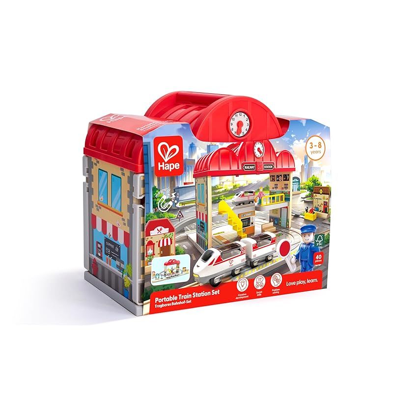 | E3877 Station - Set Portable Train Hape(ハペ) ポータブルステーションセット 電車 Hape 公式通販 ハペ（専用） Toy 通販全品無料配達 電気機関車（ブランドハペ）（電車・機関車｜乗り物の