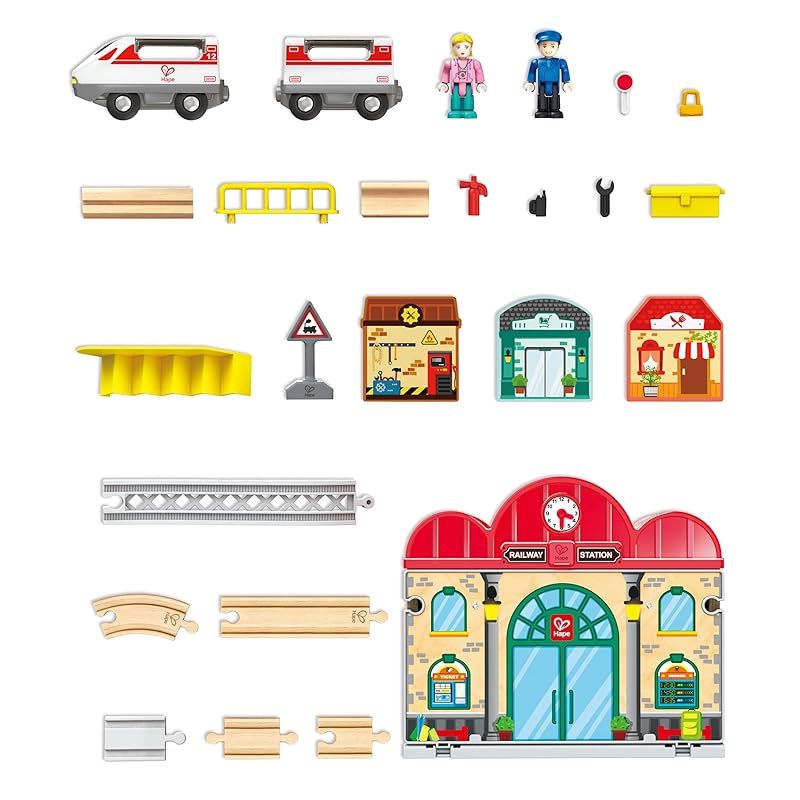 | E3877 Station - Set Portable Train Hape(ハペ) ポータブルステーションセット 電車 Hape 公式通販 ハペ（専用） Toy 通販全品無料配達 電気機関車（ブランドハペ）（電車・機関車｜乗り物の