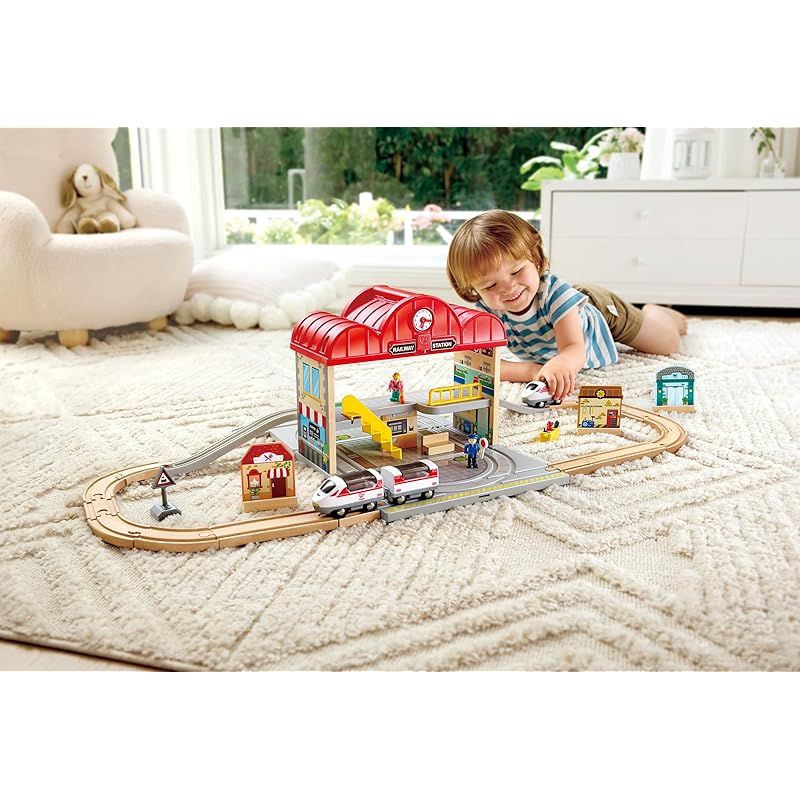 | E3877 Station - Set Portable Train Hape(ハペ) ポータブルステーションセット 電車 Hape 公式通販 ハペ（専用） Toy 通販全品無料配達 電気機関車（ブランドハペ）（電車・機関車｜乗り物の