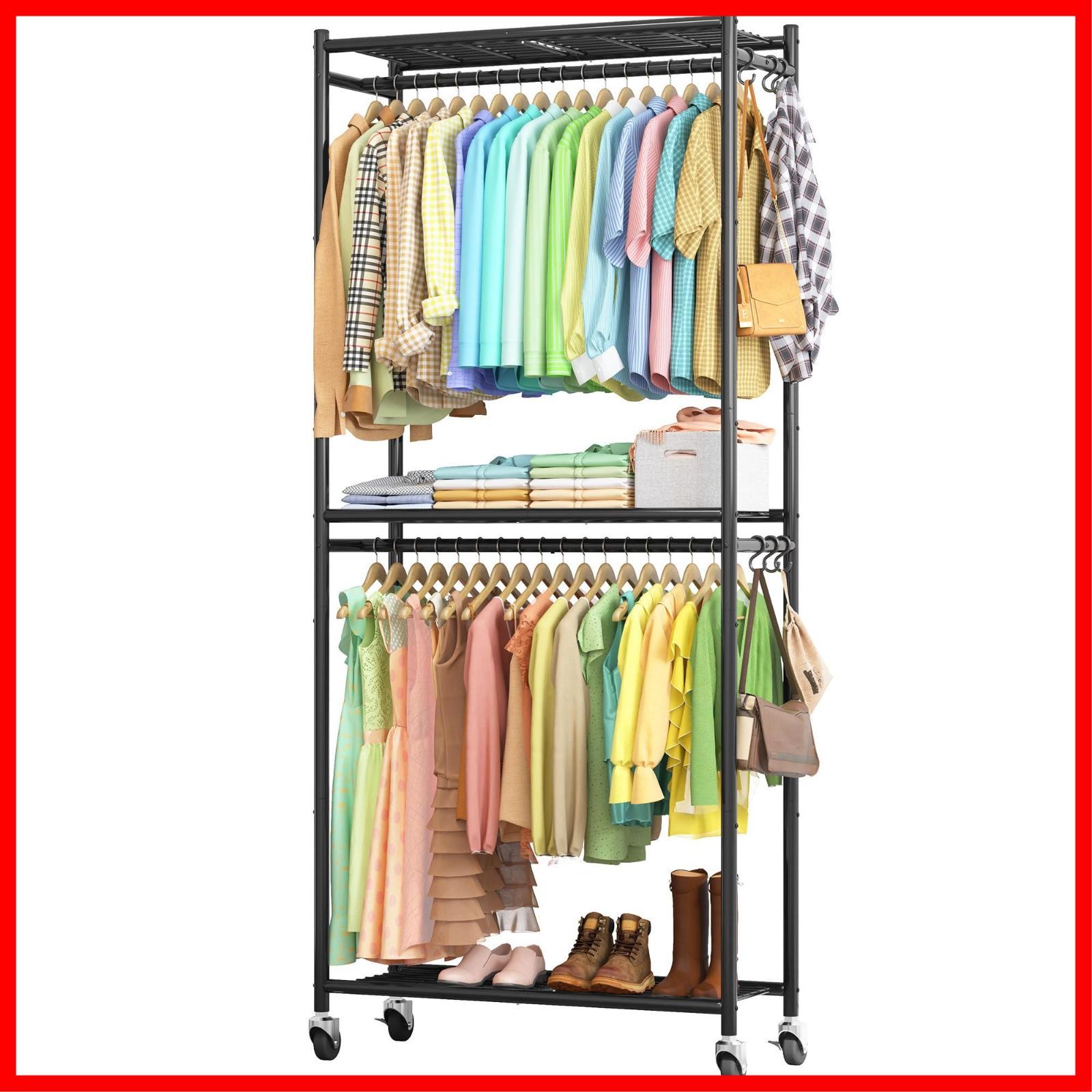 頑丈 ハンガーラック 大容量 2段収納 洋服ラック|棚 フック キャスター付き|幅84×奥行32×高さ202cm|寝室 バルコニー ランドリー用|ブラック