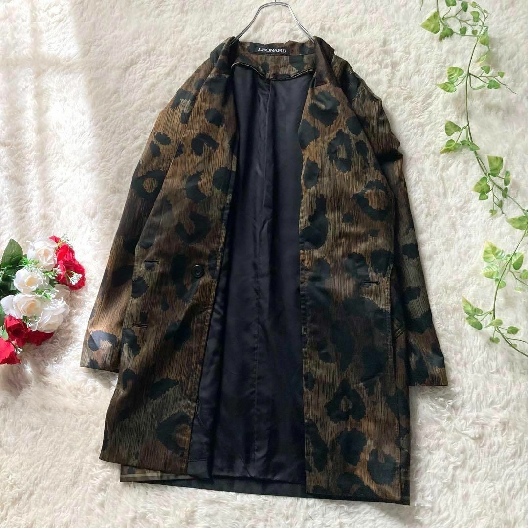 レオナール シルクウール ひょう柄 ダブルチェスターコート ロゴボタン
