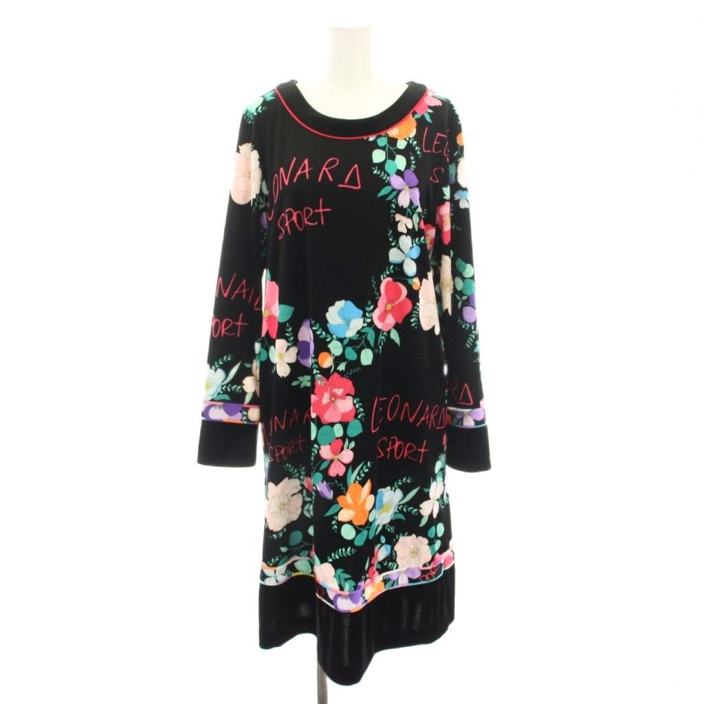 レオナールスポーツ LEONARD SPORT ベロアワンピース ひざ丈 長袖 花柄 40 黒 ブラック ピンク 0589118 YT
