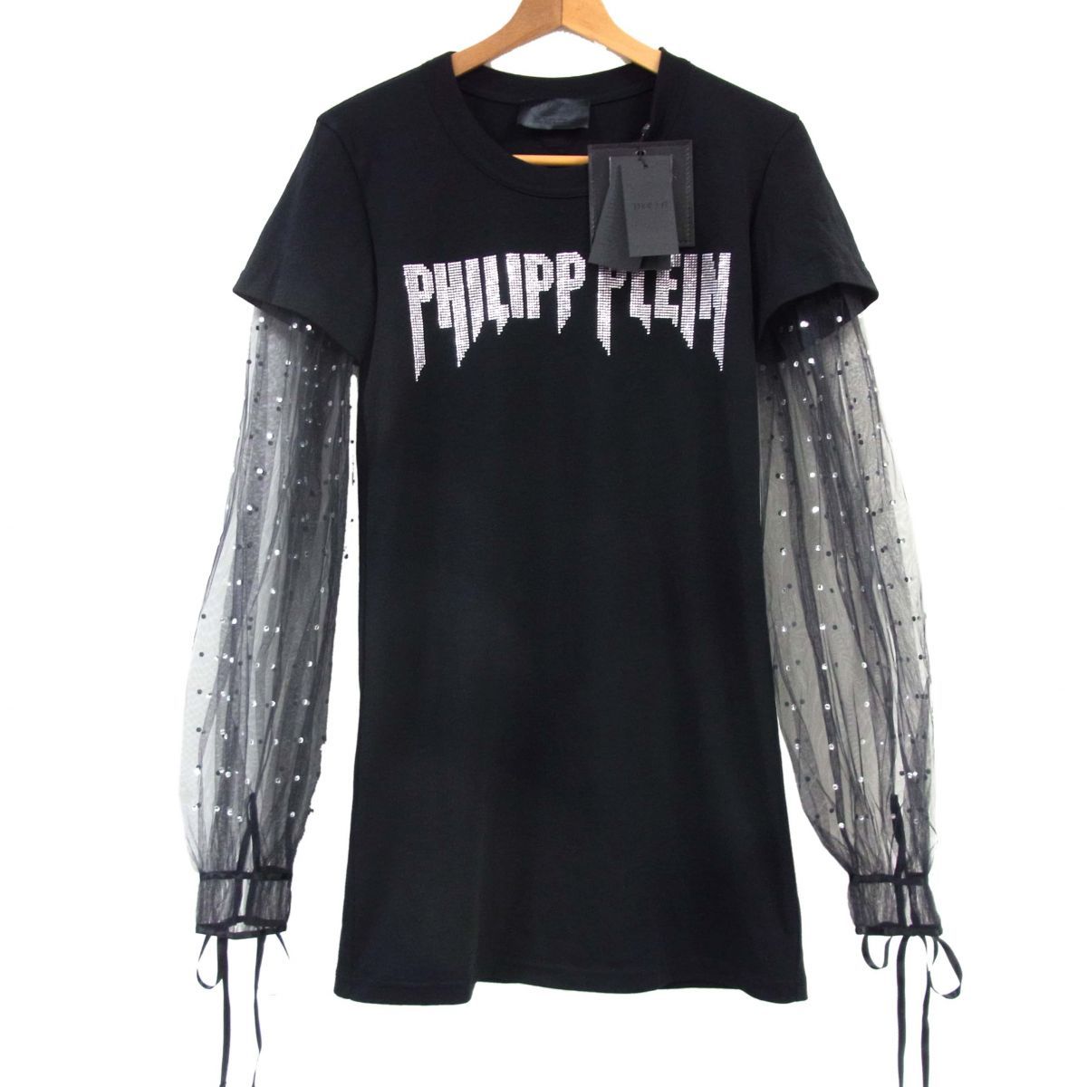 PHILIPP PLEIN フィリッププレイン Tシャツショートドレス チュール袖 ストーン イタリア製 レイヤード風 ミニワンピース レディース