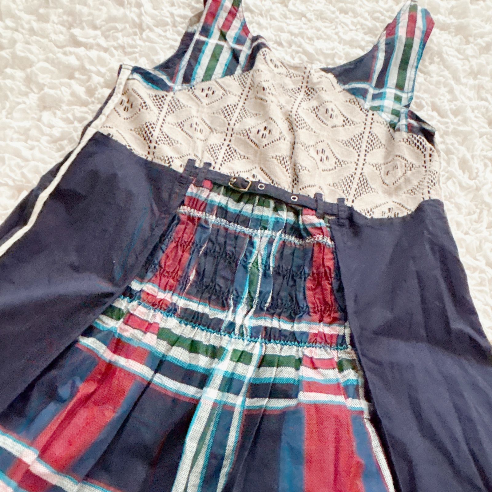  デシグアル ノースリーブ ジャンパースカート ワンピース チェック レース 個性派 キャミワンピース ロングワンピース