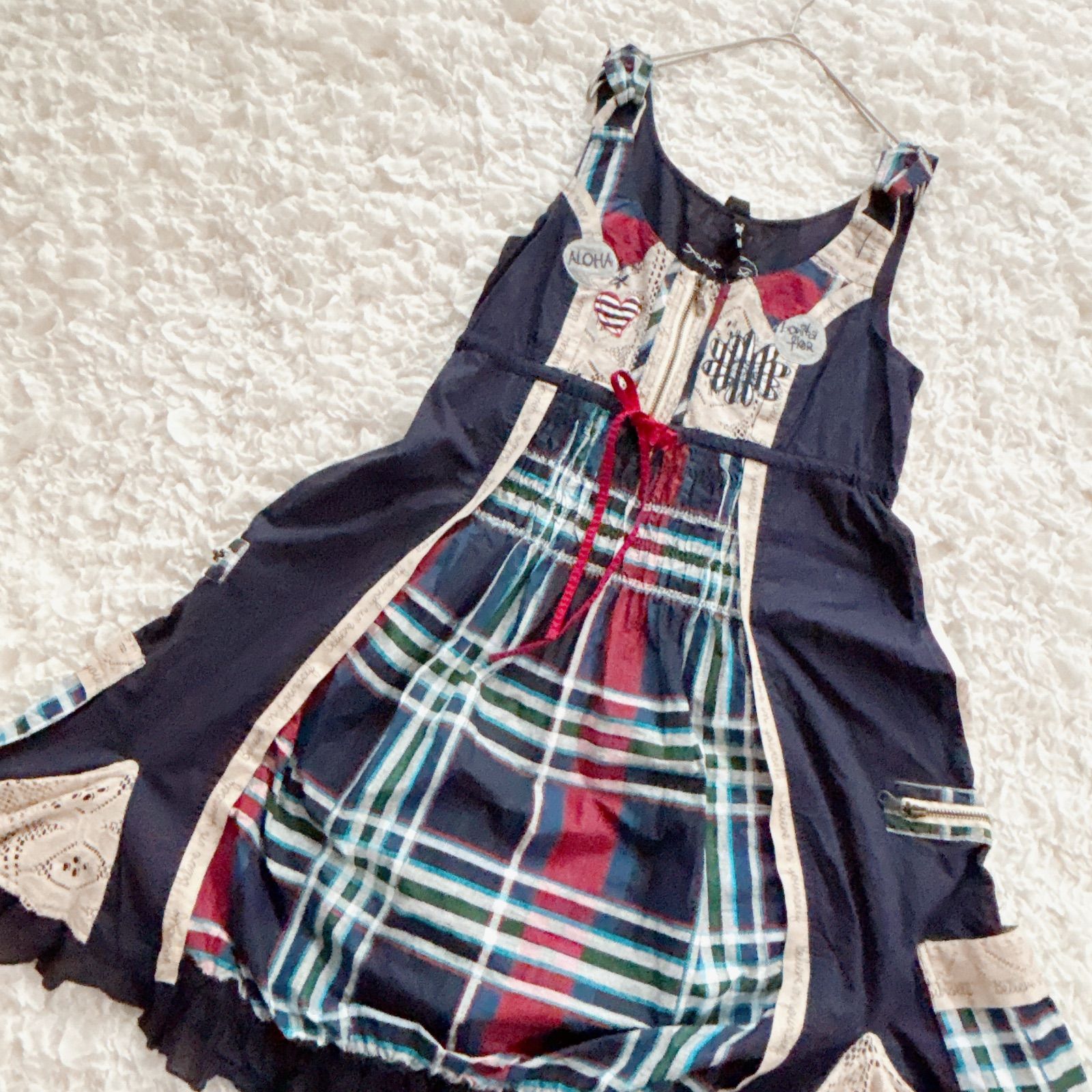 デシグアル ノースリーブ ジャンパースカート ワンピース チェック レース 個性派