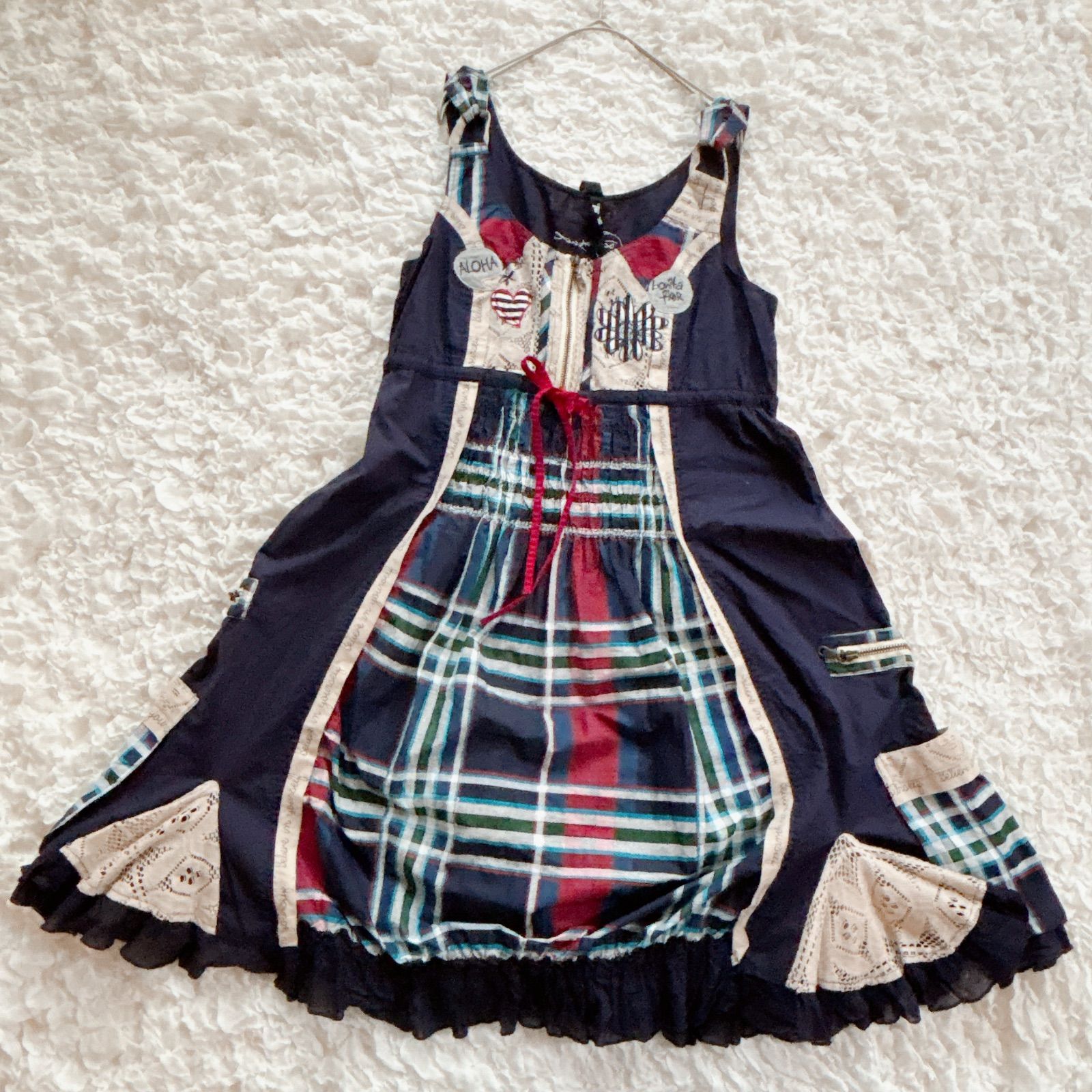 デシグアル ノースリーブ ジャンパースカート ワンピース チェック レース 個性派