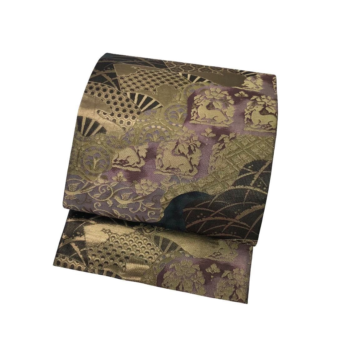 袋帯 花兎に雪芝 扇子に花菱 金糸 O-5727