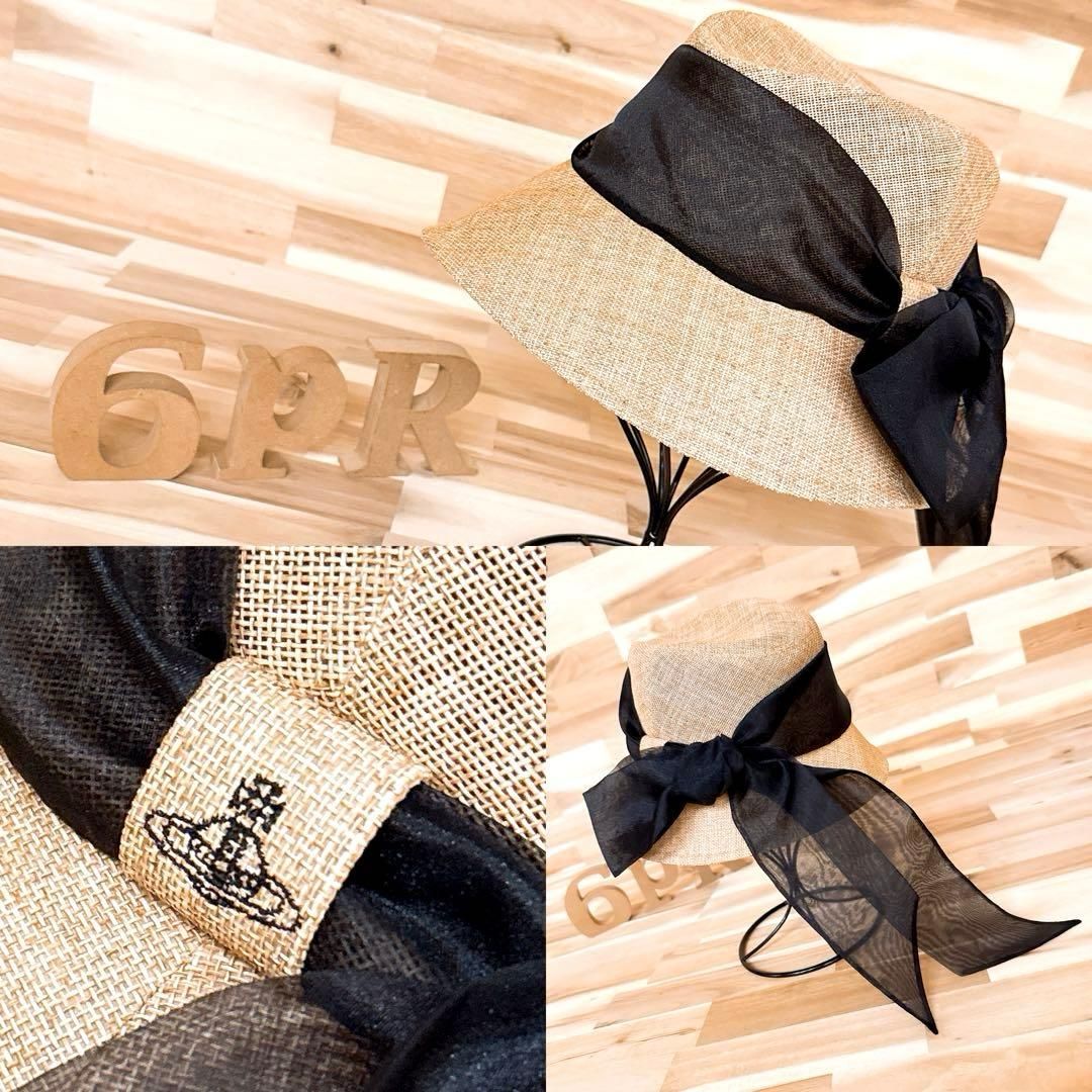 稀少 ヴィヴィアンウエストウッド ペーパー ハット オーブ ベージュ×黒ブラック