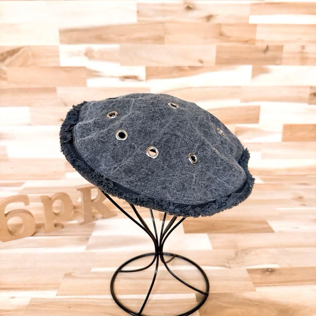 ジャックルコー フリンジ メタル ハトメ デニム ベレー帽 グレー×銀