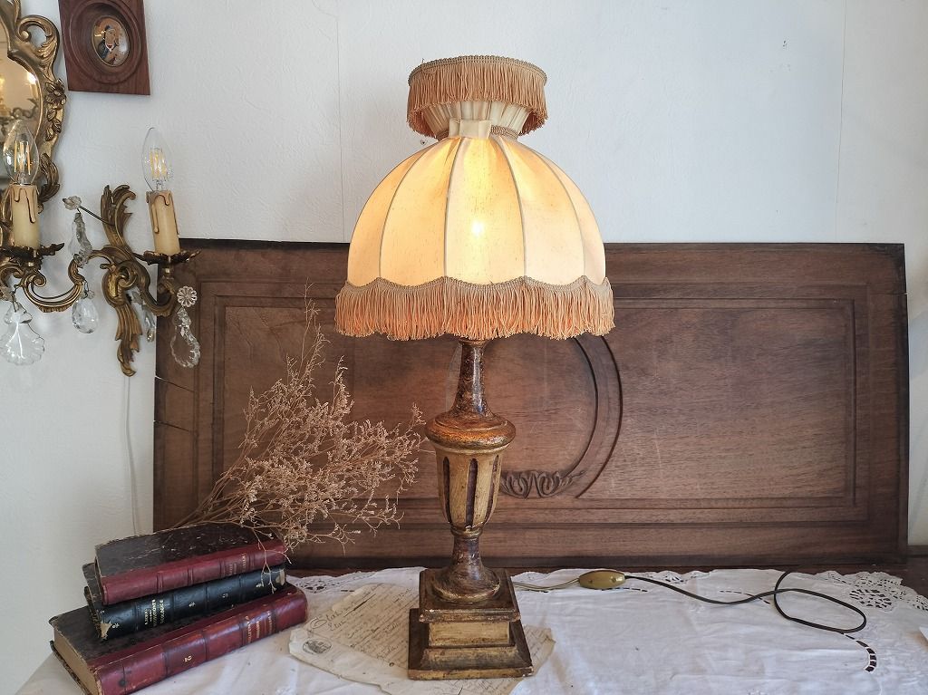 フランス アンティーク 卓上ランプ 木製 大きいい 布シェード つき 付き 照明 ライト