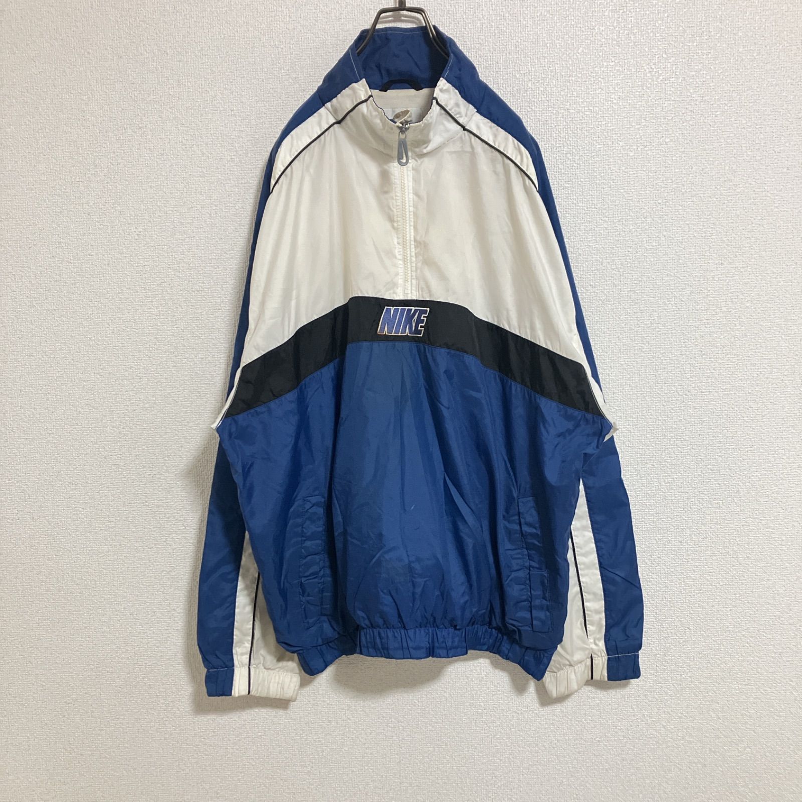 銀タグ】90s NIKE ナイキ センターロゴ刺繍 ハーフジップナイロン