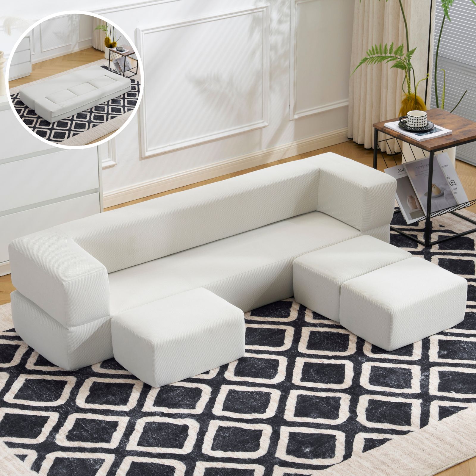 ソファベッド 最大5人掛け 組立て不要 フロアソファ ローソファ コンパクト 完成品 高反発ウレタン 圧縮梱包 多用途 ベージュ