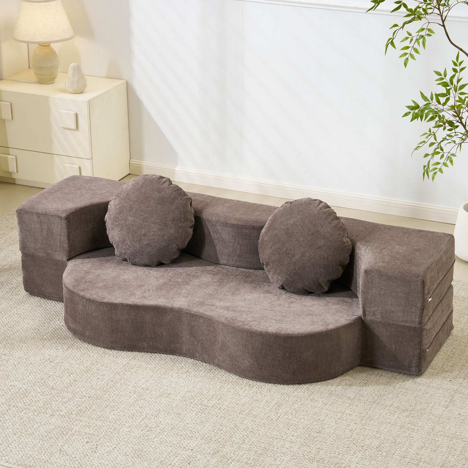 2人掛けソファベッド 組立て不要 フロアソファ ローソファ コンパクト クッション付き 1人暮らし 高反発ウレタン 完成品 圧縮梱包 ブラウン