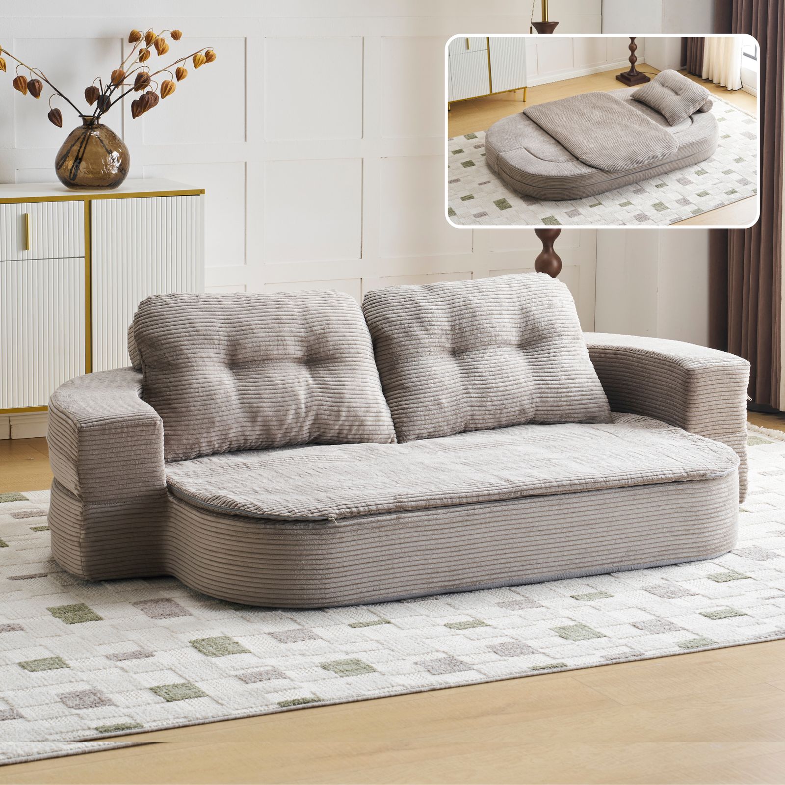 ソファベッド 組立て不要 フロアソファ ローソファ 二人掛け クッション付き 高反発ウレタン 完成品 洗えるカバー 来客用 ブラウン