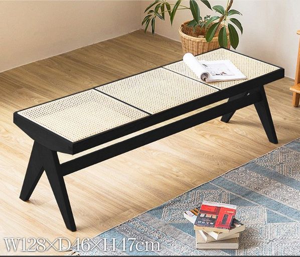 籐編み ラタンチェア 北欧 チークベンチ ジャンヌレ ダイニングベンチ 椅子 ローチェア 木製 おしゃれ 幅128 cm