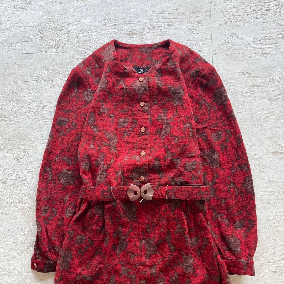 昭和レトロ 赤ブラウン花柄ワンピース|ウール混ベルト付きクラシカルドレス