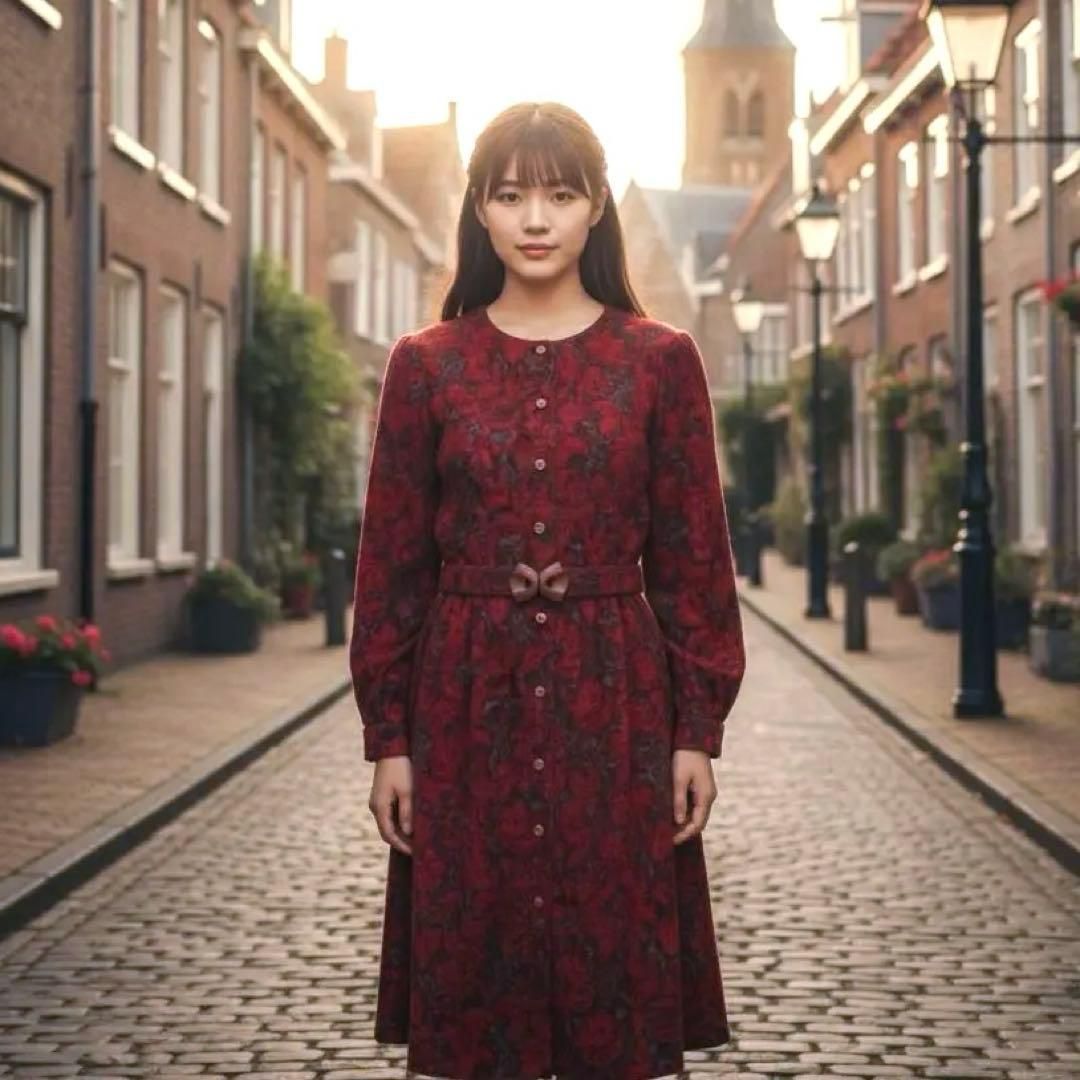 昭和レトロ 赤ブラウン花柄ワンピース｜ウール混ベルト付きクラシカルドレス